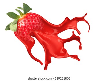 Red strawberry with pait splash isolated on white background