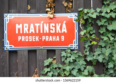 Red street sign with name Mratinska, Prosek, Prague 9, wooden wall with ivy