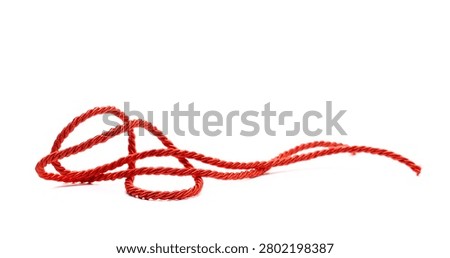 Red string, rope isolated on white background, side view, design element