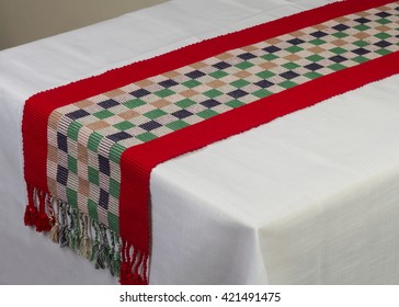 Red Striped Dining Table Runner On White Cover