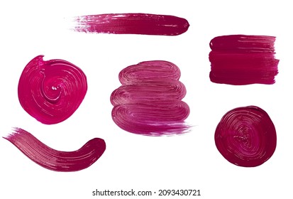 Red stroke brush lipstick or paint on white empty background. Cosmetics or acrylic stains for decoration and design.