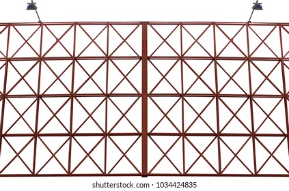 Red Structure Steel Of Billboard Frame With Spotlights For Rent. Isolated On White Background