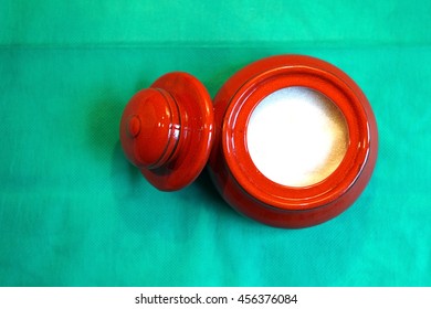 Red Sugar Bowl With Sugar And Sugar Bowl Cap