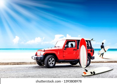 Red Summer Car On Beach And Surfer. Free Space For Your Decoration. 