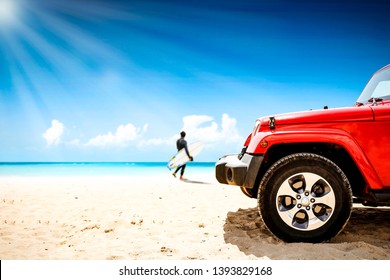 Red Summer Car On Beach. Young Surfer And Summer Sunny Day. Free Space For Your Decoration. 