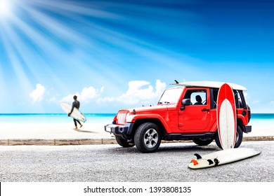 Red Summer Car And Surfer On Beach. Free Space For Your Decoration. 