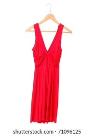 Red Summer Dress On Hanger Isolated On White Background.