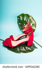 Red Summer Women Shoes On Blue Background With Leafs.