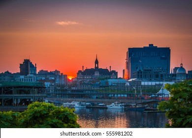 Red Sunset At Montreal Old Port