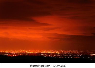 Red Sunset Over The City Covered By Clouds Over Sofia, Bulgaria