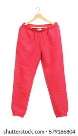 Red Sweat Pants On A Hanger Isolated On White Background