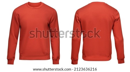 Red sweatshirt template. Pullover blank with long sleeve, mockup for design and print. Sweatshirt front and back view isolated on white background