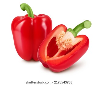 red sweet bell pepper with half isolated on white background