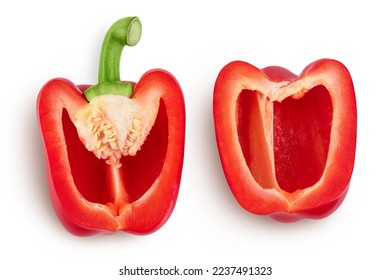 red sweet bell pepper half isolated on white background. Top view. Flat lay
