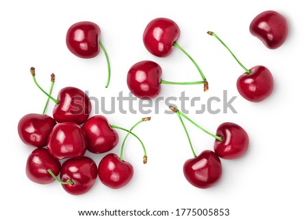 red sweet cherry isolated on white background with clipping path . Top view. Flat lay
