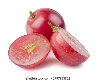 Red sweet grapes and grape slice isolated on white background.