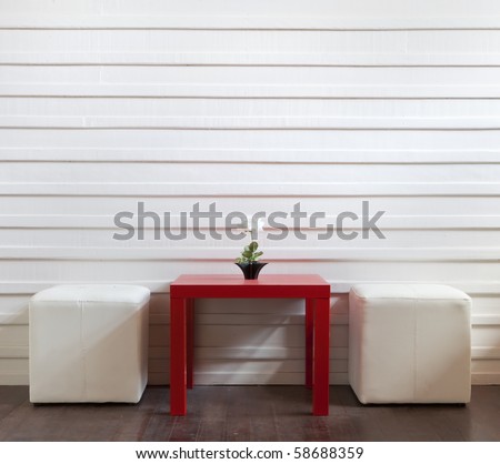 Similar – Image, Stock Photo Red tables, red stools, on them colorful plastic bowls, form a group of round shapes