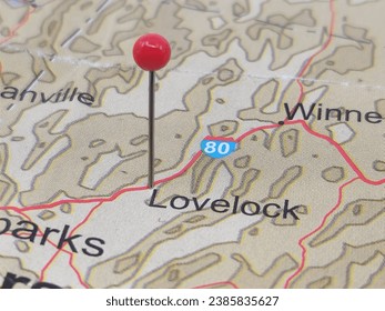 Red tack on map of Lovelock, Nevada. This city is the county seat of Pershing County, NV.