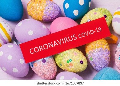 A Red Tag With An Inscription On Easter Eggs, A Major Plan. The Concept Of Banning Celebrations In Response To A Pandemic Outbreak COVID-19