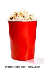 Red Tall Bowl With Popcorn Isolated On White