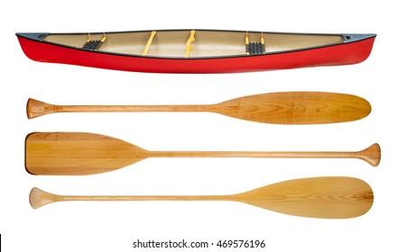 Red Tandem Canoe With Wooden Paddles Isolated On White, A Set