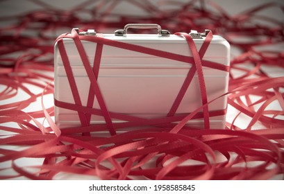 Red Tape Around A Briefcase Labeled Tax , Excess Paperwork, Brexit Concept