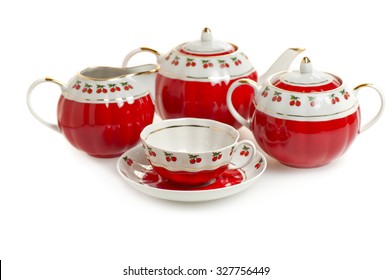  Red Tea Set Isolated On White Background