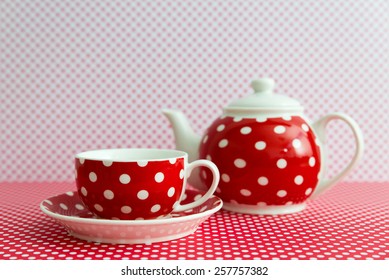 Red Tea Set With White Dots