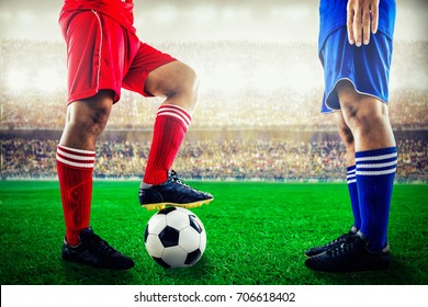 Red Team Versus Blue Team In The Stadium Of Soccer Football