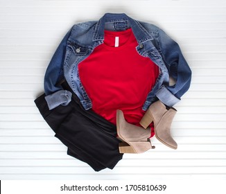 Red Tee Mockup - Cold Weather Fall Tshirt W Cotton Balls, Boots And Jeans