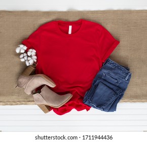 Red Tee Mockup - Cold Weather Fall Tshirt W Cotton Balls, Boots And Jeans