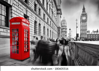 Red telephone booth and Big Ben in London, England, the UK. People walking in rush. The symbols of London in black on white.
