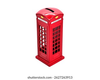A red telephone booth-shaped coin bank on a white background for saving money and adding a touch of British charm