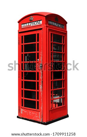 Red telephone box in London isolated on white background