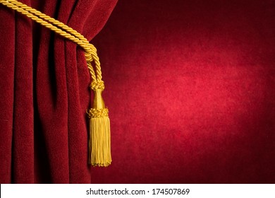 Red Theatre Curtain And Yellow Tassels