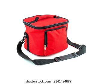 Red Thermal Bag Isolated On White Background. For Food And Drink Cool Transportation