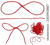Red thread isolate on white background. Selective focus. Old.