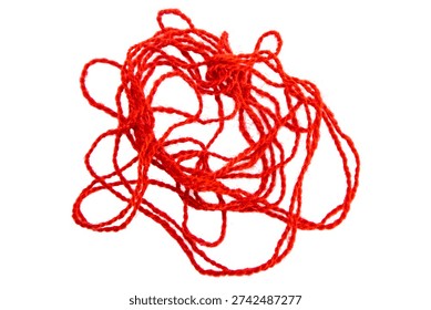 Red thread isolate on white background. Selective focus. Old.