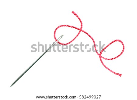 Red thread and needle isolated on white background