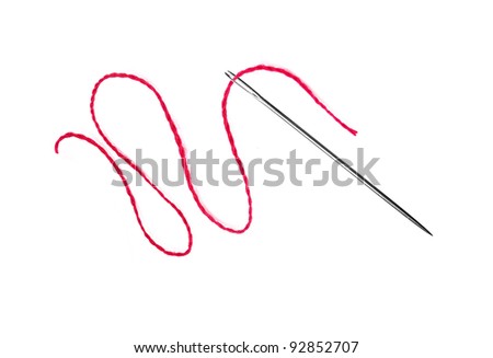 Red thread and needle isolated on white