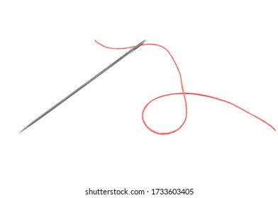 Red Thread And Needle Solated On White Background