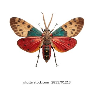 Red Tiger Moth Wings Open Pose with Red Brown Pattern Isolated on White Background