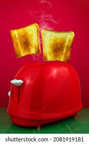 Red Toaster Crispy Fresh Bread Slices Green Kitchen Tile. Breakfast Food Levitation Concept.Morning Toast Creative Minimalism Idea Colorful Cooking Background Retro Nostalgia Minimal Style Composition