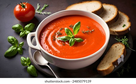 red tomato cream soup with herbs and toasted bread