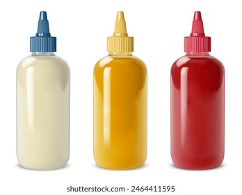 Red Tomato Ketchup, Mayonese, mustard sauce,  Bottle Empty Mock up - Powered by Shutterstock