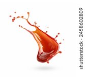Red Tomato ketchup splash flying in air isolated on white background. Floating splash of ketchup sauce.