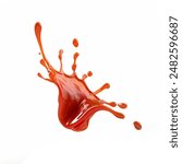 Red Tomato ketchup splash flying in air isolated on white background. Floating splash of ketchup sauce. Ketchup splash flying in air, isolated. Ketchup splash flying in air, isolated.