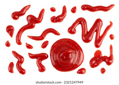 Red tomato sauce or ketchup isolated on white background. Top view. Flat lay. Set or collection