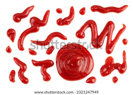 Red tomato sauce or ketchup isolated on white background. Top view. Flat lay. Set or collection