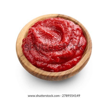red tomato sauce, paste, or ketchup served in a  minimalist bowl. Cleanly isolated on a pure white background with a soft natural shadow underneath. Perfect for culinary branding, food packaging design, restaurant menus, recipe blogs, and fast food or Italian cuisine marketing